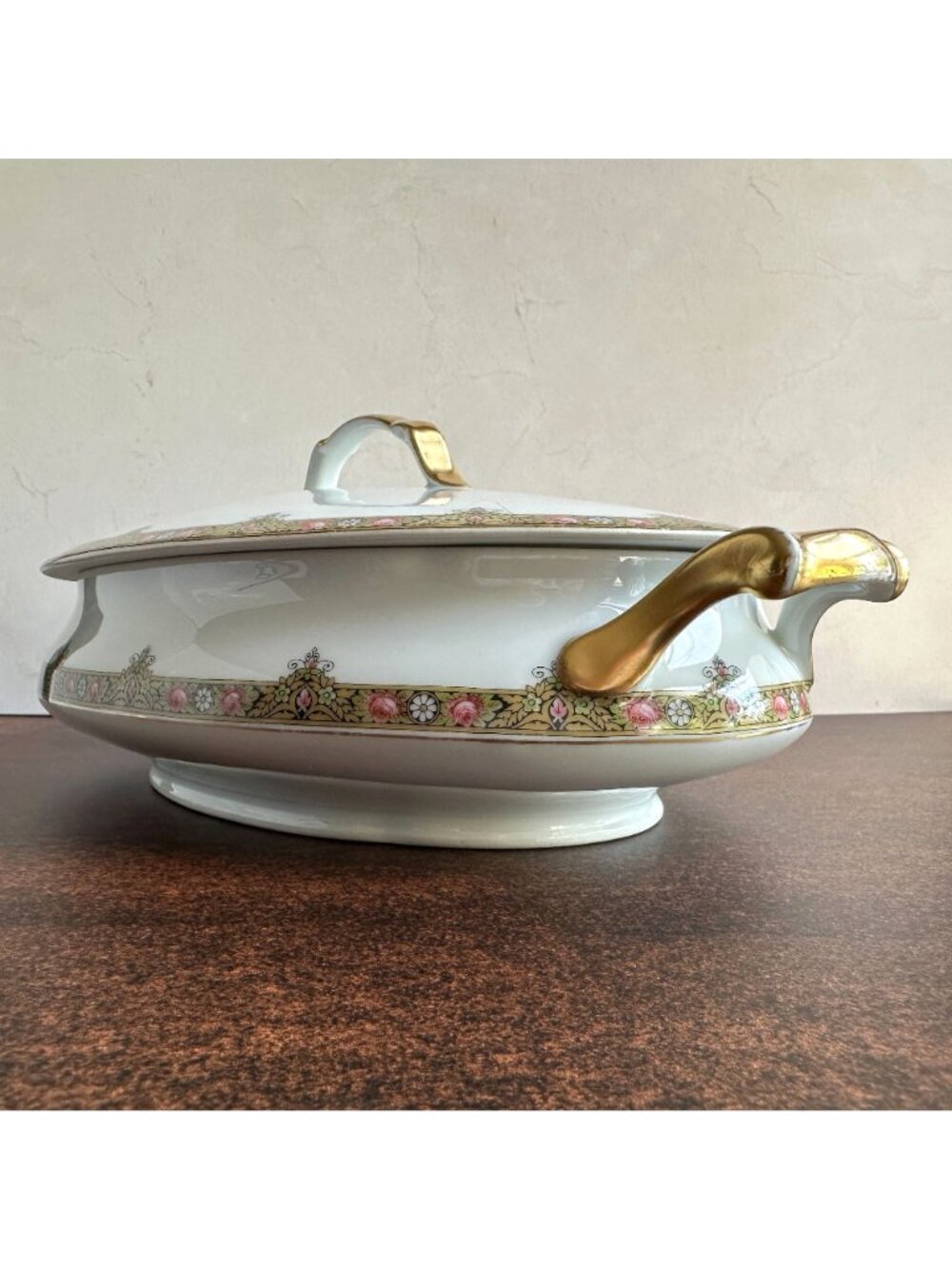 Antique Limoges Covered Vegetable Tureen A Lanternier LNT39 Pink Roses Gold Gilt - Picture 2 of 12